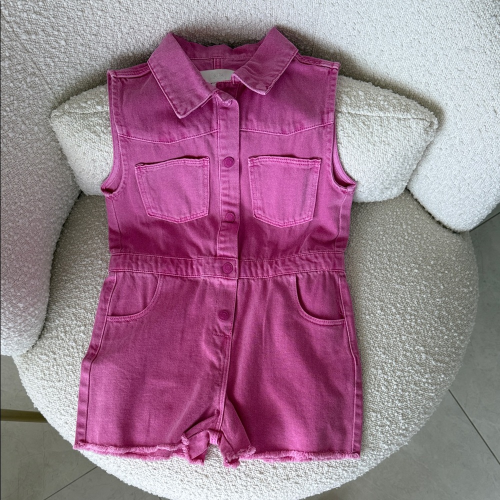 Girls' Pink Denim Romper - Sleeveless Collared Shorts